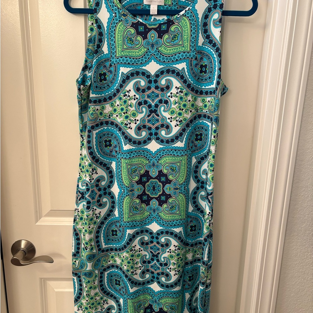 Charter Club Teal and Aqua Patterned Midi Dress 1008
